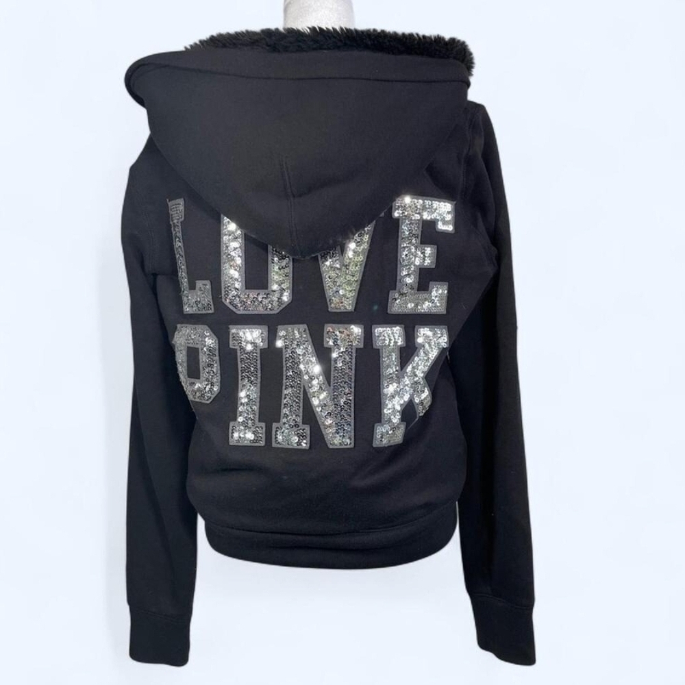 Victoria's Secret  black faux Fur Sequin Love Pink Zip Up Hoodie Jacket XS